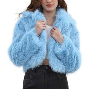 Women's Faux Fur Crop Lapel Jackets Open Front Long Sleeves Coat Pockets Blue